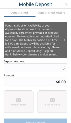 On the deposit check, page select the account, and enter the amount. Follow the instructions on the screen.